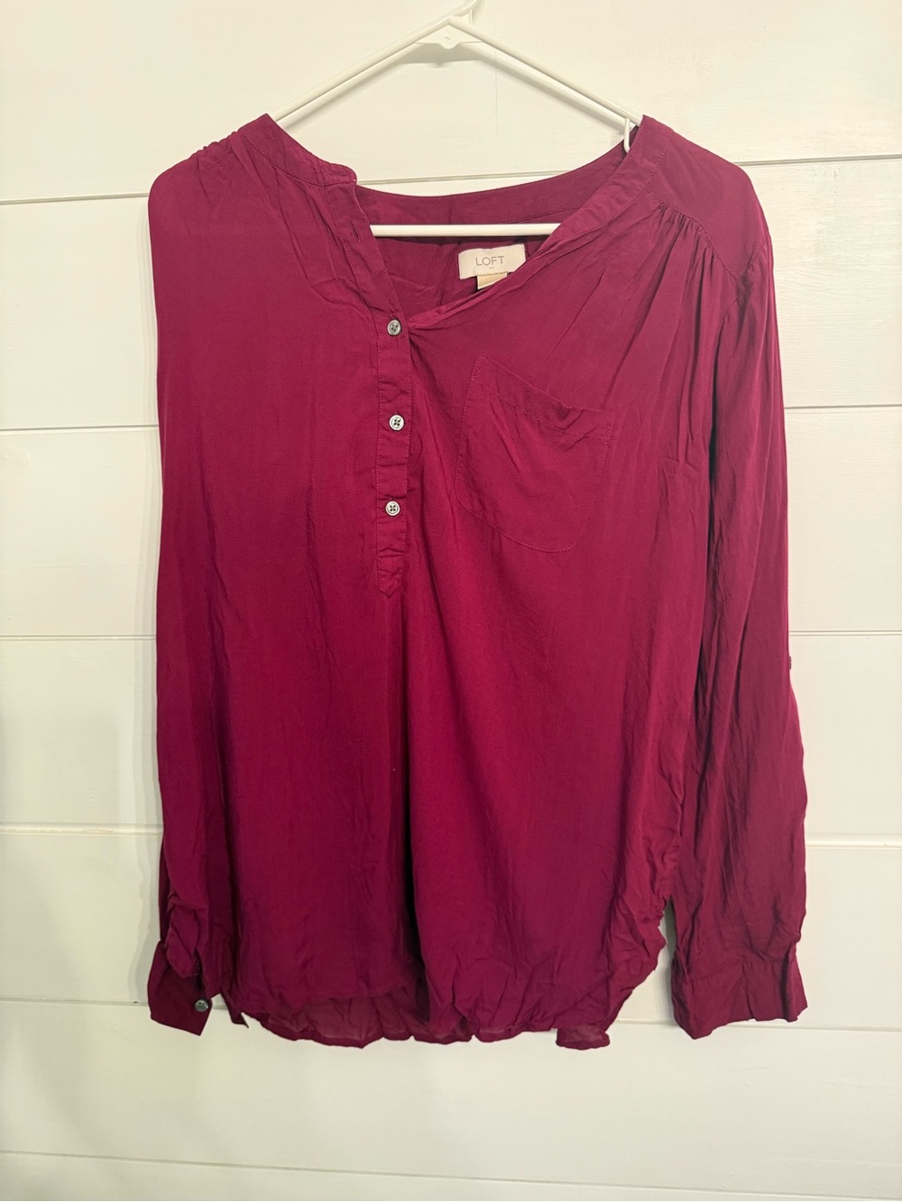 LOFT Lightweight Long Sleeve Henley Blouse - Berry Plum